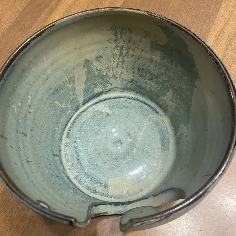 Signed Studio Pottery Ceramic Yarn Bowl Knitting Crochet Blue Green Handmade 6